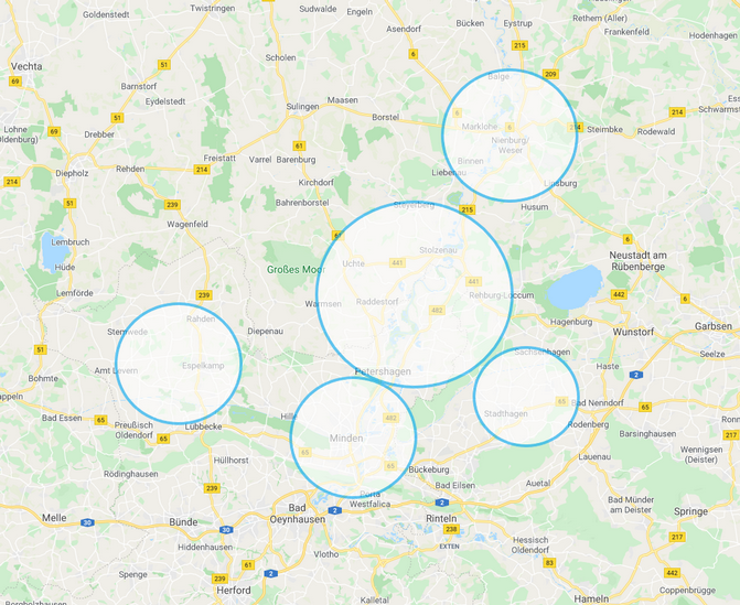 Karte mit Umkreisen um die Bereiche