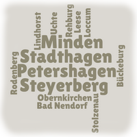 Wortwolke mit den Orten in denen wir vertreten sind. Dies sind Minden, Stadthagen, Petershagen, Steyerberg, Uchte, Obernkirchen, Bad Nendorf, Stolzenau, Lindthorst, rehburg, Leese, Loccum, Bückeburg und Rodenberg