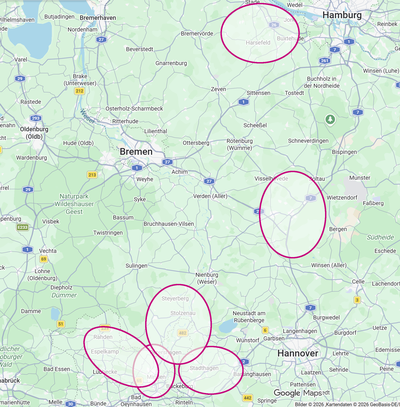 Auf einer Landkarte sind sechs Gebiete eingekreist. In diesen Bereichen treffen sich die jeweiligen Trailgruppen.